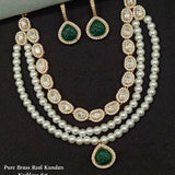 Real Kundan With Pearl Touch Three layered Necklace With Carving Stone Along With Earrings- Green
