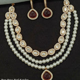 Real Kundan With Pearl Touch Three layered Necklace With Carving Stones Earrings- Red