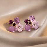Simple Korean Style Flower Plating Inlay Alloy Rhinestones Cat's Eye Stone Ear Studs