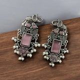 Antique Silver Plated Elephant Design Earrings- Pink
